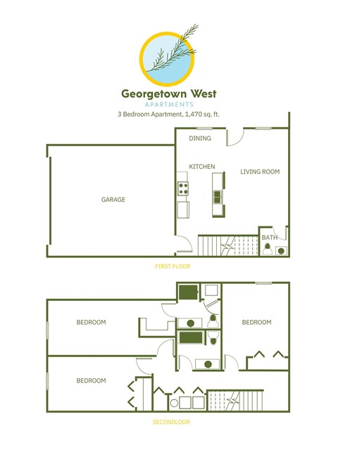 Floor plan for 3 beds, 2 baths, 1470 sqft